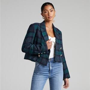 TRUTH Tweed Cropped Double Breasted Blazer Plaid Green Blue Tartan {3N29}